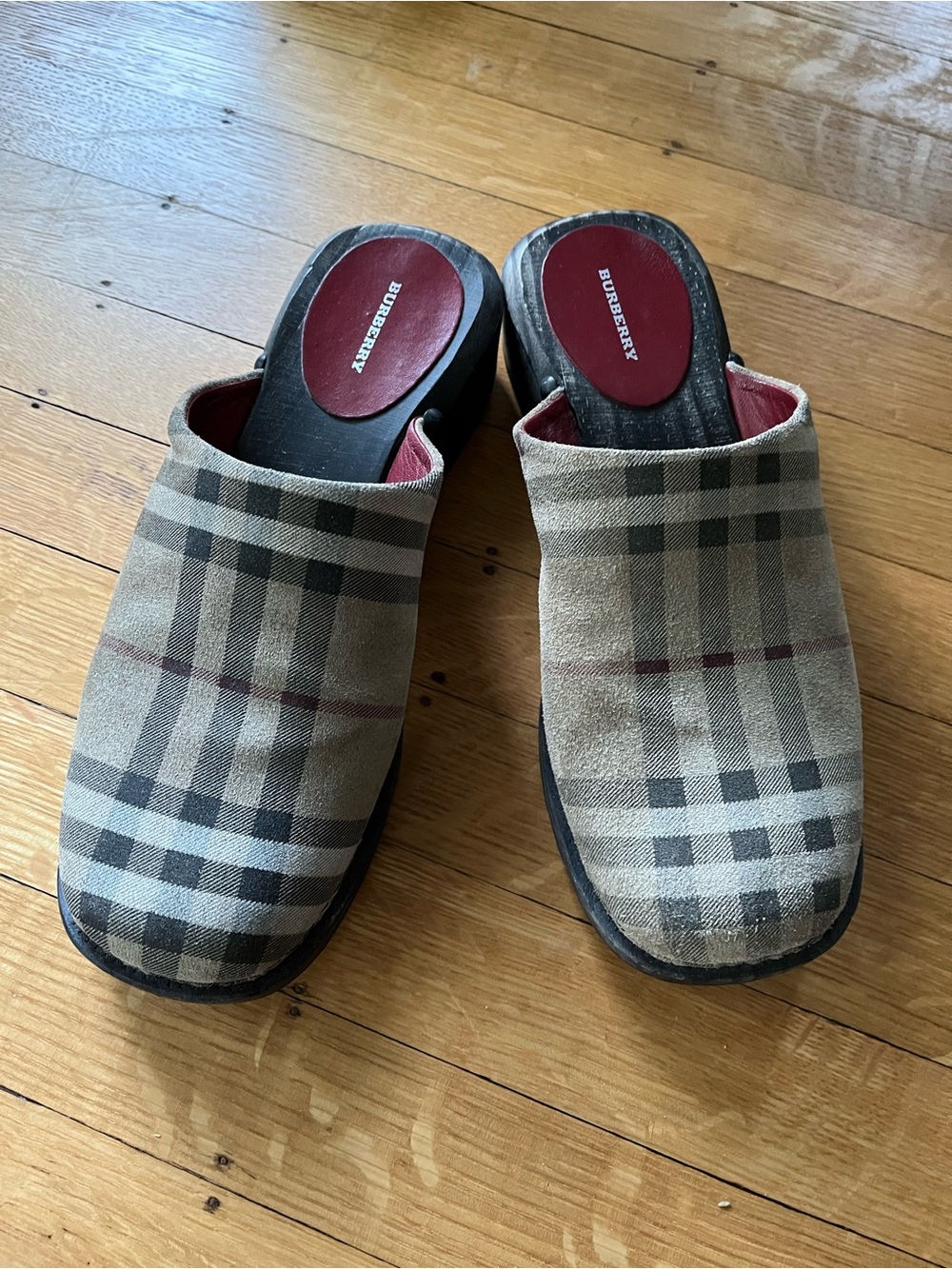 Burberry Vintage Beige Plaid Wood Slip-On Loafers with Red Insole